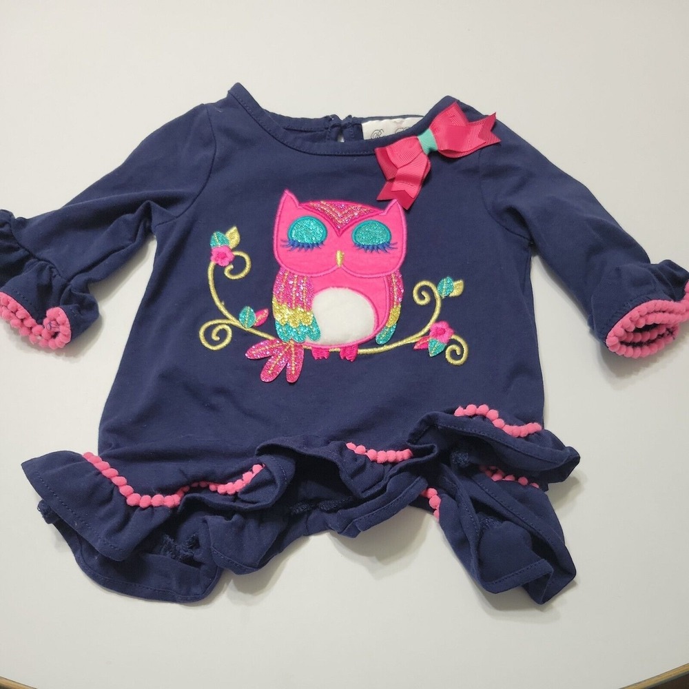 Rare Editions Tee Girls 6-9 Month Top Pink Bow Blue Owl Button Back Long Sleeve